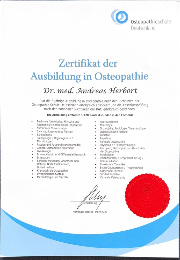Zertifikat Ausbildung Osteopathie Dr.Herbort